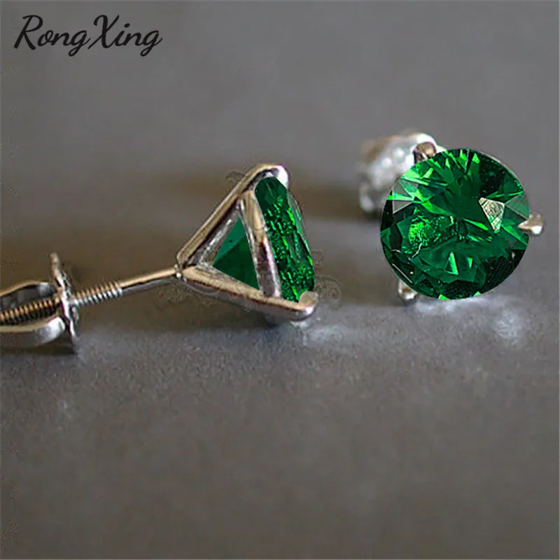 Green RongXing 6 мм круглый Радужный циркон 3 коготь спиральный гвоздик серьги для женщин 925 Серебро Заполненный многоцветный кристалл серьги изысканный подарок - Окраска металла: Green