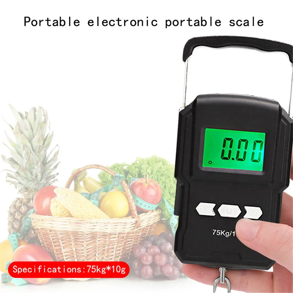 

75Kg/10g Electronic Weighing Scale 50Kg/5g LCD Digital Display Hanging Hook Scale with Measuring Tape for Fishing Travel