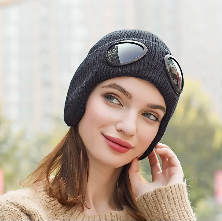 Теплая зимняя вязаная шапка skullies beanies, женская брендовая Высококачественная зимняя женская ветрозащитная теплая шапка с глазами, вязаные шапки