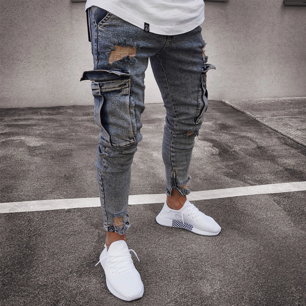 2019 New Fashion Multi Pockets Male Streetwear Jeans Men Spring Long Jeans Slim Thin Skinny Blue Jeans for Men Hiphop Trousers