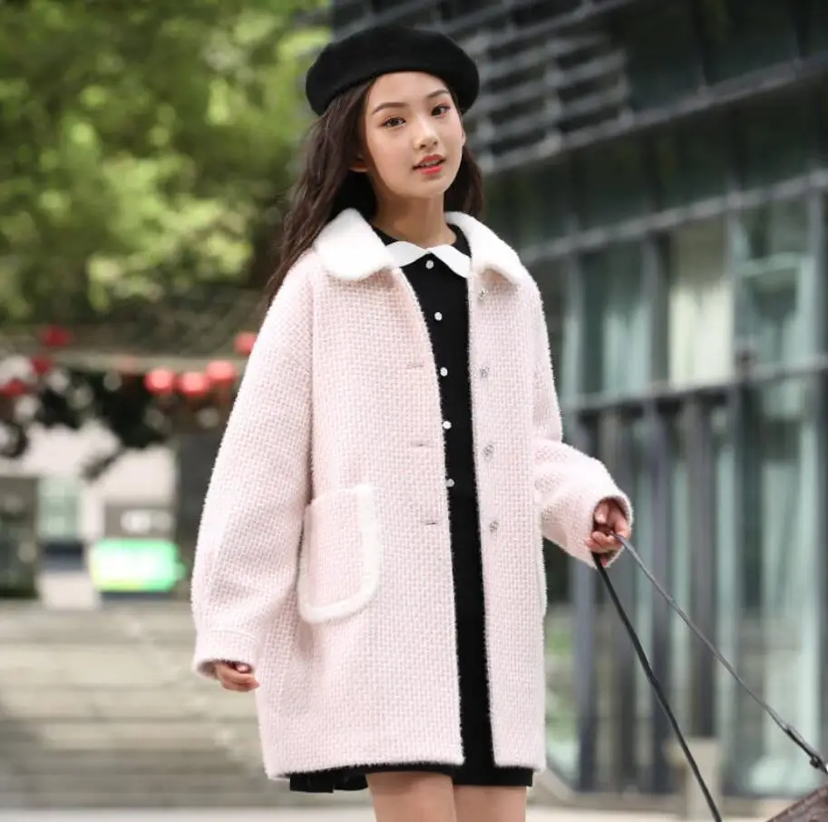 Autumn Winter Kids Girl Faux Mink Fur Overcoat Fashion Plaid Long Jacket Children Casual Turn-Down Collar Woolen Coats K20