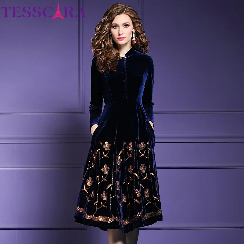 TESSCARA, женское осенне-зимнее элегантное бархатное платье с пайетками, женские вечерние платья высокого качества, винтажные платья - Цвет: Navy