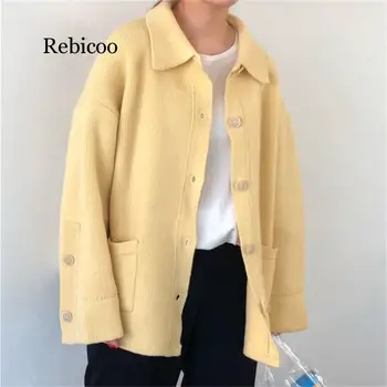 

2019 Korea Preppy Style Solid Patchwork Soft Autumn Winter Thick Warm Cardigans High Quality Pockets Knitted Sweaters