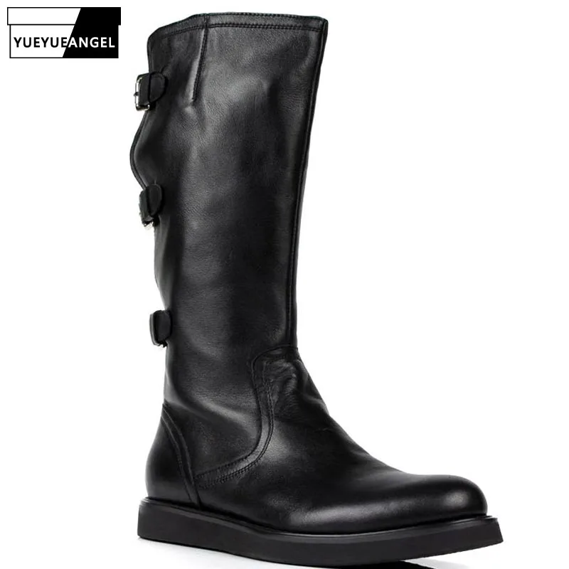 

Italian Brand Mens Knee High Boots Personality Buckle Motorcycle Biker Footwear Genuine Leather Flats Knight Boots Shoes