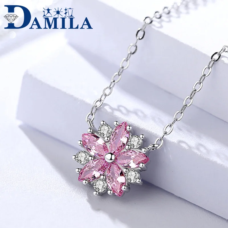 

DAMILA 925 Sterling Choker Cherry Blossom Necklace Women's Korean-style Micro Pave Full of Crystals Pendant