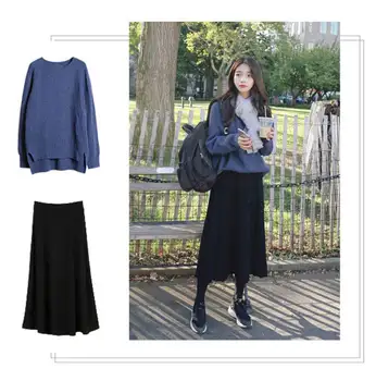 

Women's suits] Autumn college wind suit female 2019 new two-piece fashion Korean sweater + black dress