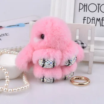 

Real Mink Fur Rabbit W Crystal Diamo Cute Bunny Doll Keyring Handbag Purse Car Key ring Phone Keychain Pendant