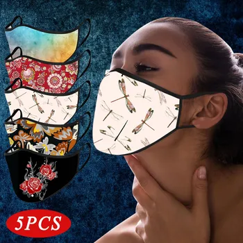 

5pcs Mascarillas Adult Unisex Flower Tie-dye Dragonflies Rose Prints Masks Mascherine Reusable Washable Face Mask Masque Маска
