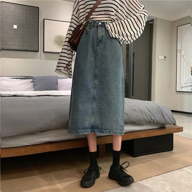

Spring Autumn Casual Denim Skirts Retro Blue Black Midi Jeans Skirts Women's Slimming Versatile Slit A-Line Long Skirt Harajuku