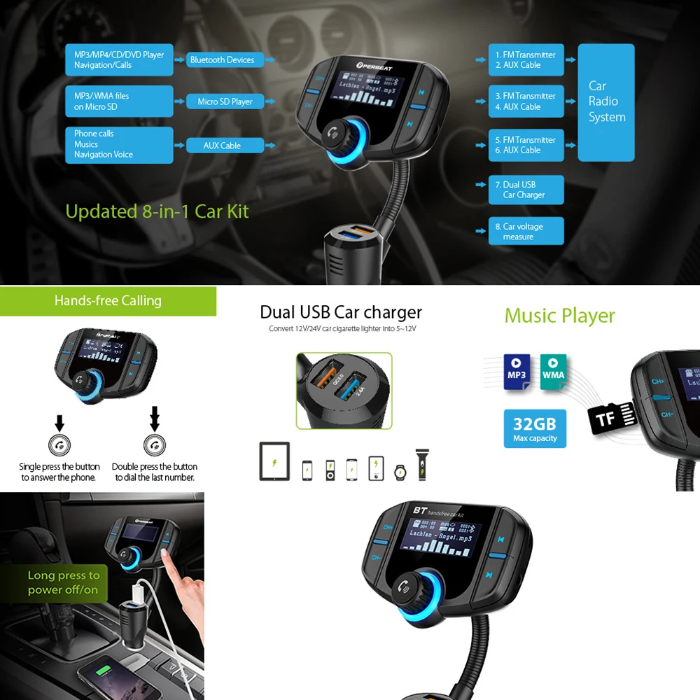 Автомобильный FM передатчик с экраном 1 7 дюйма улучшенный Bluetooth BT70 Quick charge 3 0