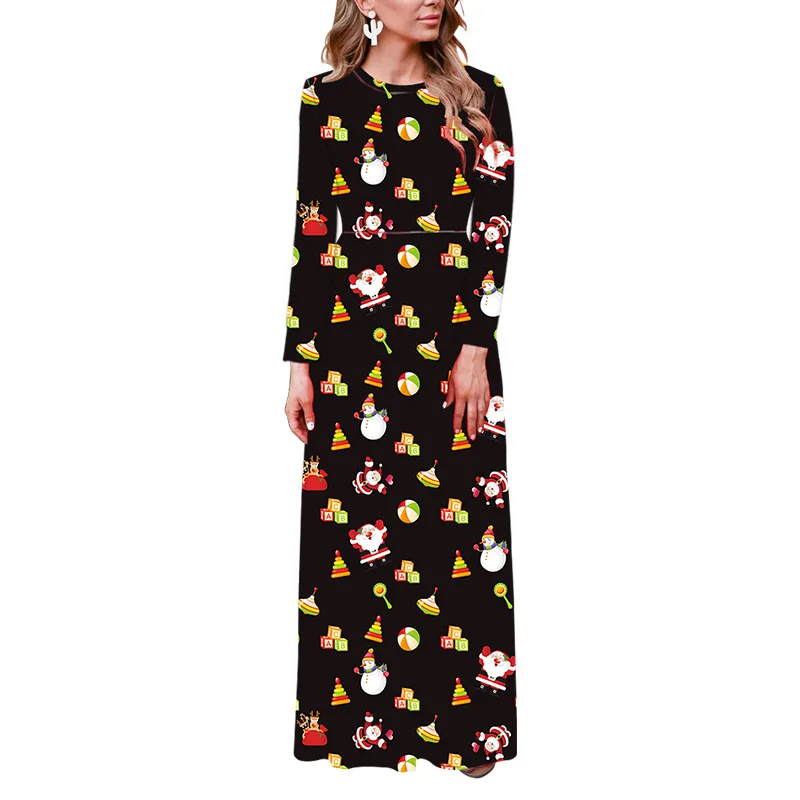 

Echoine Ladies maxi dresses Christmas Floral Print Long Sleeve Dress Women Round Neck Autumn Winter Large Size female