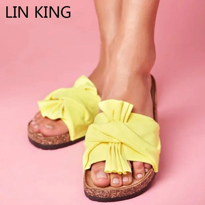 

LIN KING Flats Slippers Women Summer Flip Flops Vintage Bowtie Woman Outdoor Slippers Thick Sole Slip On Beach Shoes For Female