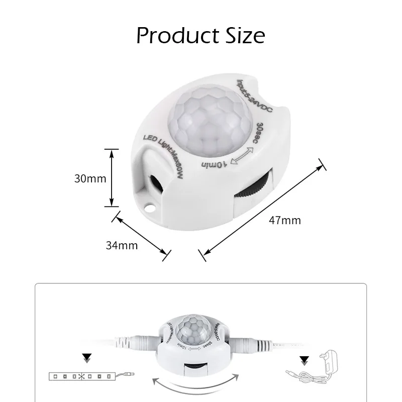 DV5-12V 3A PIR Motion Sensor Switch Adjustable Time Smart IR Human Body Sensor Detector ON Off Control for LED Strip Light Home