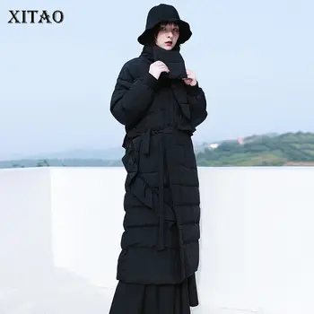 

XITAO Solid Color Bandage Parka Women Asymmetrical Splicing Black Stand Collar Winter The New Keep Warm Parka Coat ZY2570