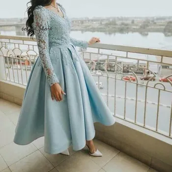 

Light Blue Short Evening Dress With Illusion Lace Long Sleeve A Line Satin Midi Formal Prom Dresses 2020 Cheap Arabic Party Gown