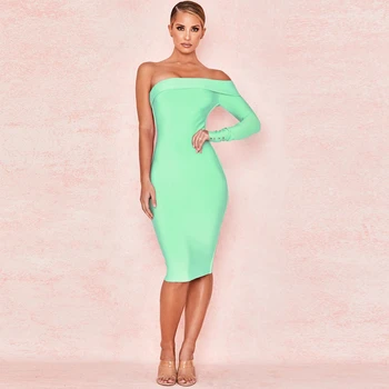 

Newest 2020 Women Summer Bandage Dress One Shoulder Bodycon Mint Green Strapless Backless Celebrity Vestids Wholesale