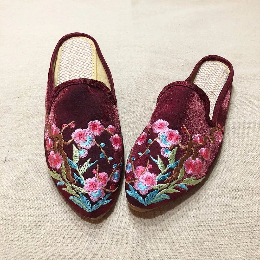 Veowalk-Mules Plates Pointues Brodées De Fleurs Chinoises Pour Femmes, Pantoufles D'été Et D'automne, Chaussures De Maison Pour Dames, InjCotton Parker