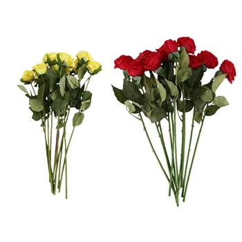 

20 Pcs Latex Real Press Rose Decor Rose Artificial Flowers Silk Flowers Floral(Lemon Yellow&Dark Red)