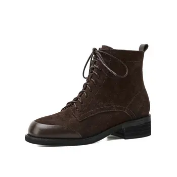 

Female Basic Boots Genuine Leather Women Med Heels Ankle Boots Corss-tied Round Toe Party Wedding Shoes Woman