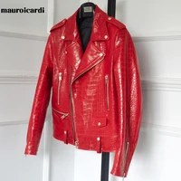 Mauroicardi Spring Red Crocodile Pattern Faux Leather Biker Jacket Long Sleeve Zipper Plus Size Designer Men Clothing 4xl 5xl 1