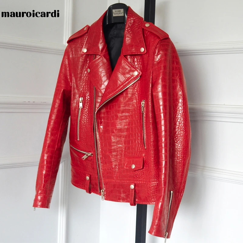 Mauroicardi Spring Red Crocodile Pattern Faux Leather Biker Jacket Long Sleeve Zipper Plus Size Streetwear designer Men Clothing boss leather jacket Casual Faux Leather