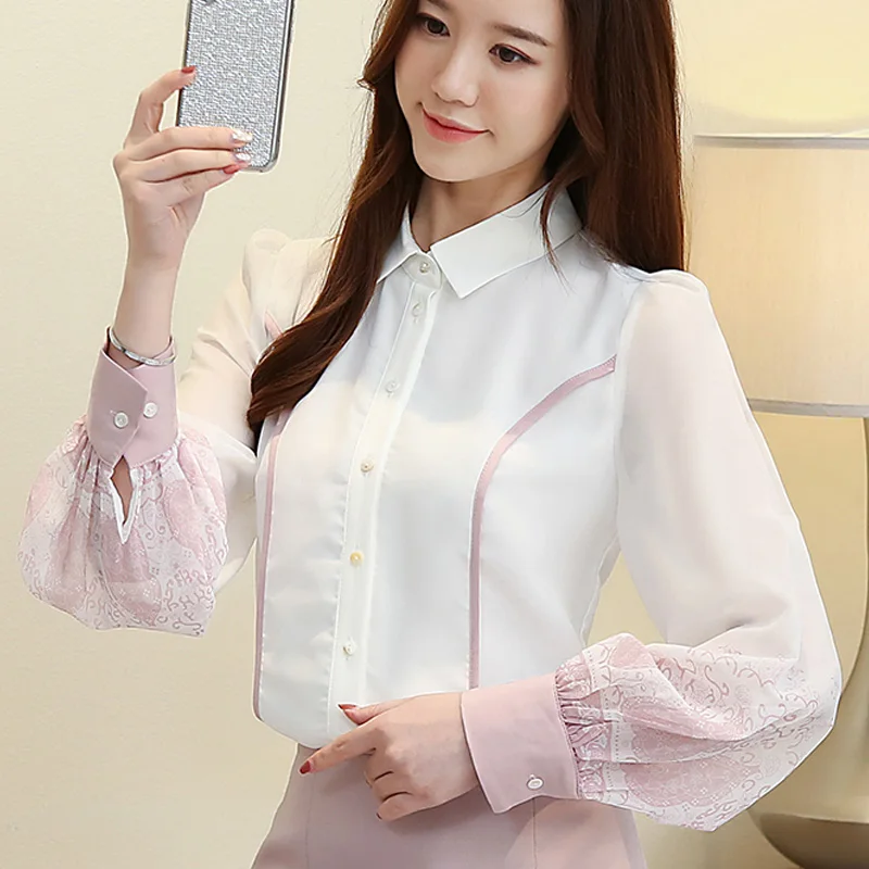 

2019 Autumn Femal Long Sleeve Chiffon Shirt White Women Shirts Button Blouses Women Fashion Slim Bottom Printed Shirt 6331 50