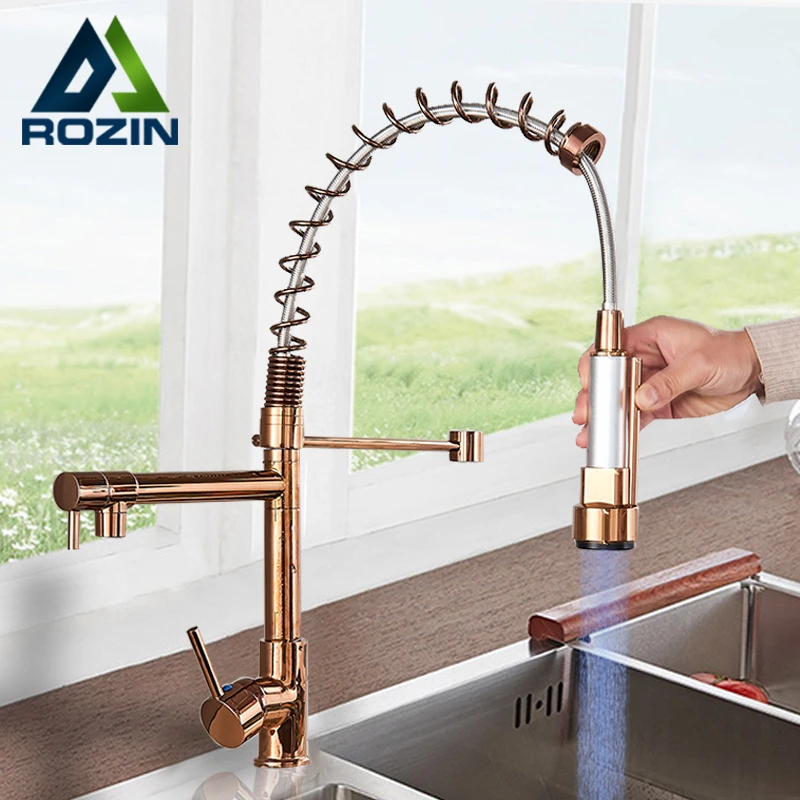 Rozin LED Light Kitchen Faucet Rose Gold LED Pull Down Spring Kitchen faucets Dual Swivel Spout Crane Hot Cold water mixer Taps