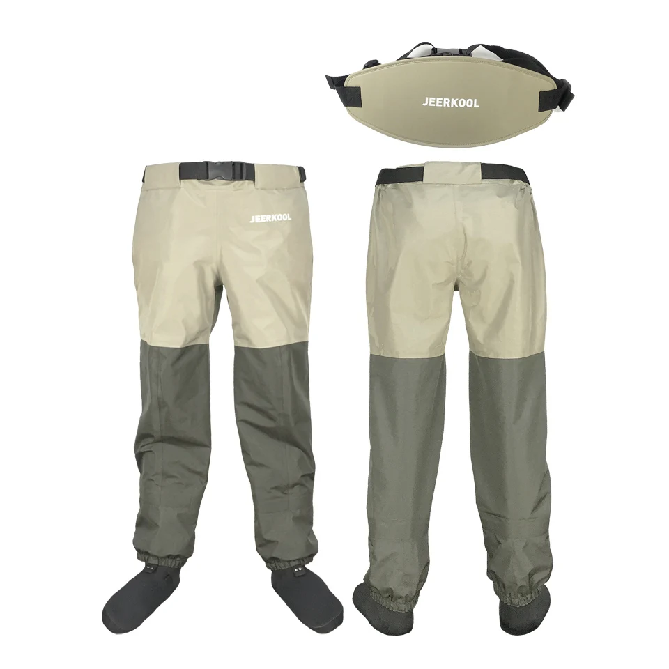 JEERKOOL Fly Waders Fishing Wading Waist Pants With Waistband Belt Overalls Men's Waterproof Cloth Breathable Foot