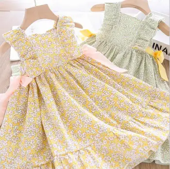 

girls floral print dress 2020 summer bow flower pattern sleeveless dresses kids causal dresses wholesale