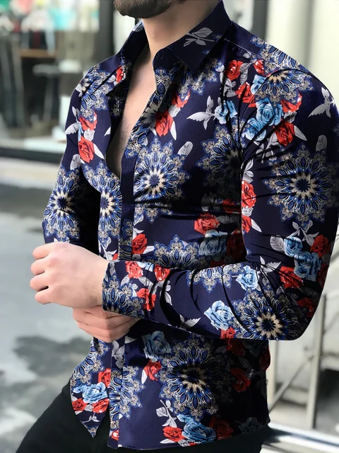 Men's shirt New Hawaiian Shirts Men Single Button Shirts Wild Shirts Printed  Male Blouses 2021 Turquoise