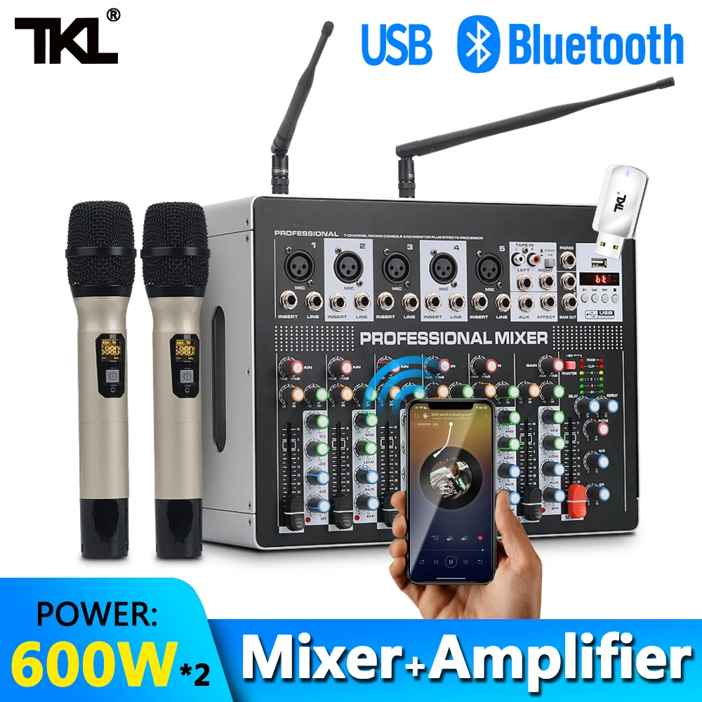 TKL DSP8 7 채널 믹서 앰프, 무선 마이크 포함, DJ 사운드 믹싱 콘솔, USB 포함, 48V 팬텀 파워, 가라오케 무대용