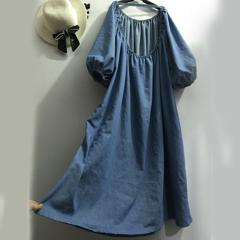 [EAM] новое осенне-зимнее Синее джинсовое Свободное длинное платье с круглым вырезом и длинным рукавом большого размера с открытой спиной Женская мода JT699