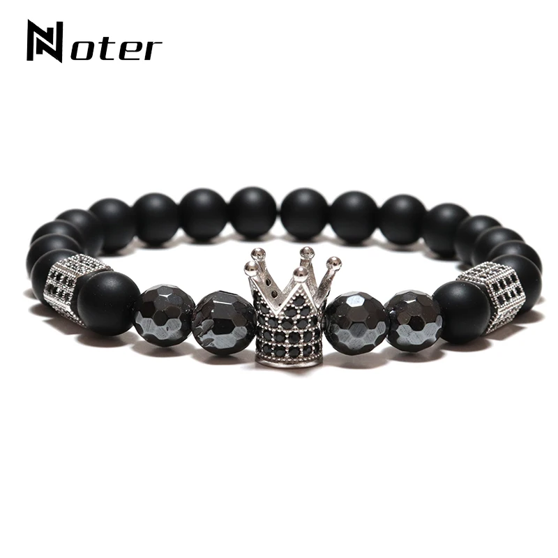 

Trendy Men Bracelet Natural Frosted Hematite Stone Brazalete For Hombre Luxury Black Zirconia Crown Braslet Present For Men Gift