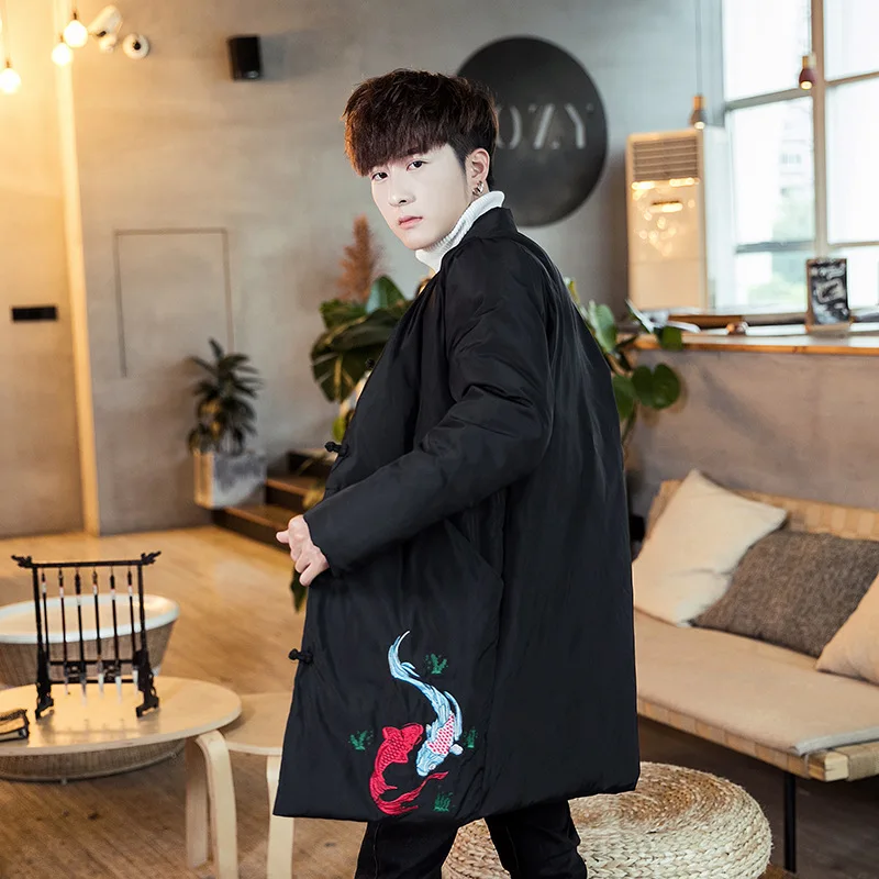 Winter Large Size Chinese-style Mid-length Stand Collar Frog Embroidered Cotton-padded Clothes Men's