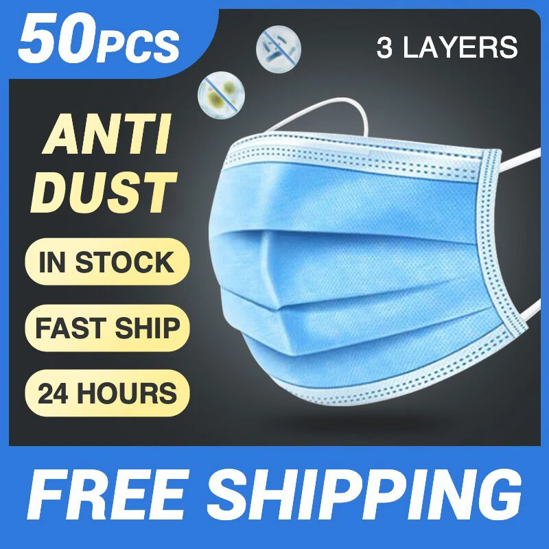 

50 PCS Face Mask 100 Pcs surgical Mask Anti-Dust Respirator Disposable Mouth Masks 3 Layer Elastic Earloop Medical Masks