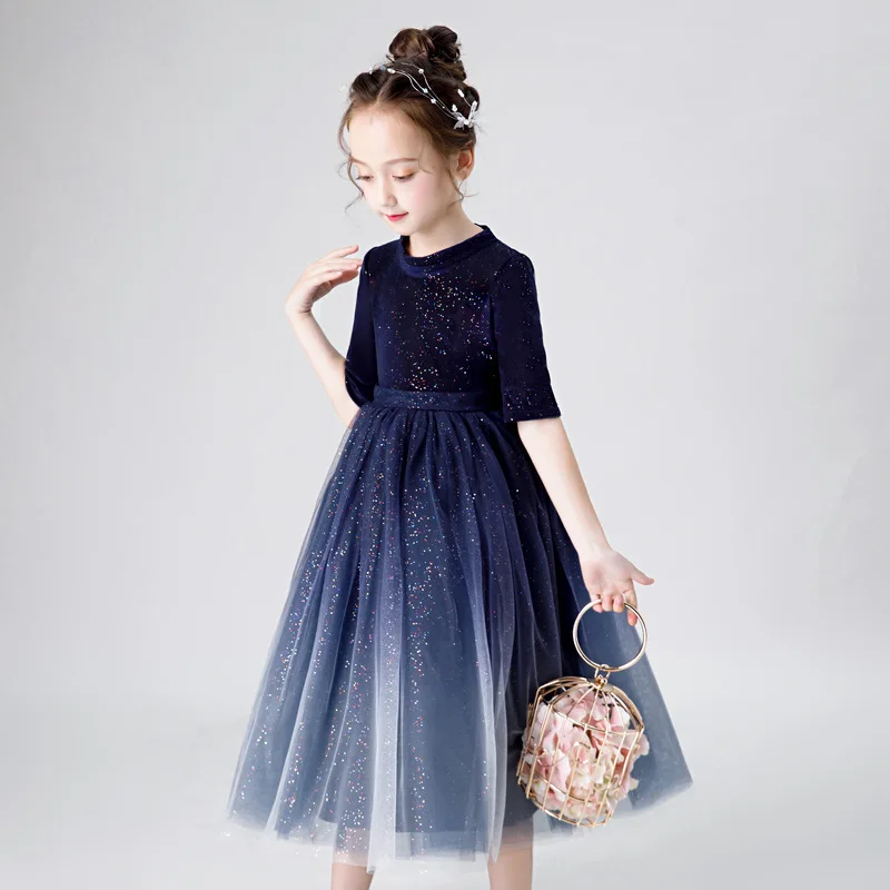 New Shelves Kids Flower Girl Dress Thickening Warm O-neck Half Sleeve Sequins Elegant Organza Ball Dress Girl Beauty Dress