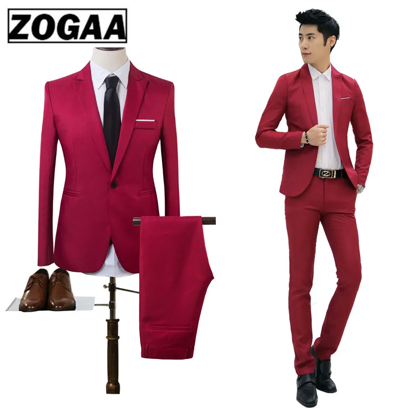 ZOGAA High Quality Men Fashion Slim Suits Male Business Casual Groomsman 2pcs Wedding Suit Men's Jacket Pants Trousers Sets