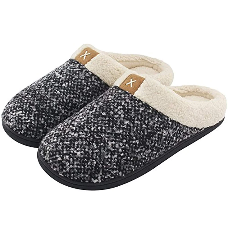 Men's Cotton Slippers House Shoes Memory Foam Lining Indoor Anti-Slip Comfort Slippers Male Winter Warm Family Floor Slipper - Цвет: Black-White