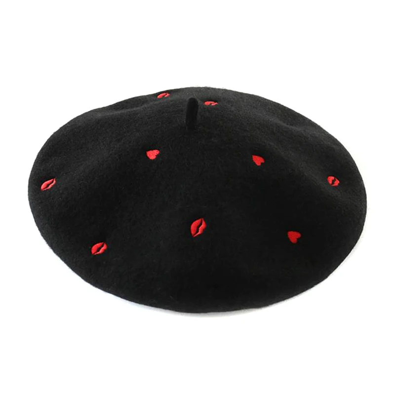 Осенне-зимние шапки для женщин, женский шерстяной берет с вышивкой в виде красного сердца и губ, плоская шапка для художника, женская мягкая шапка Gorras Planas