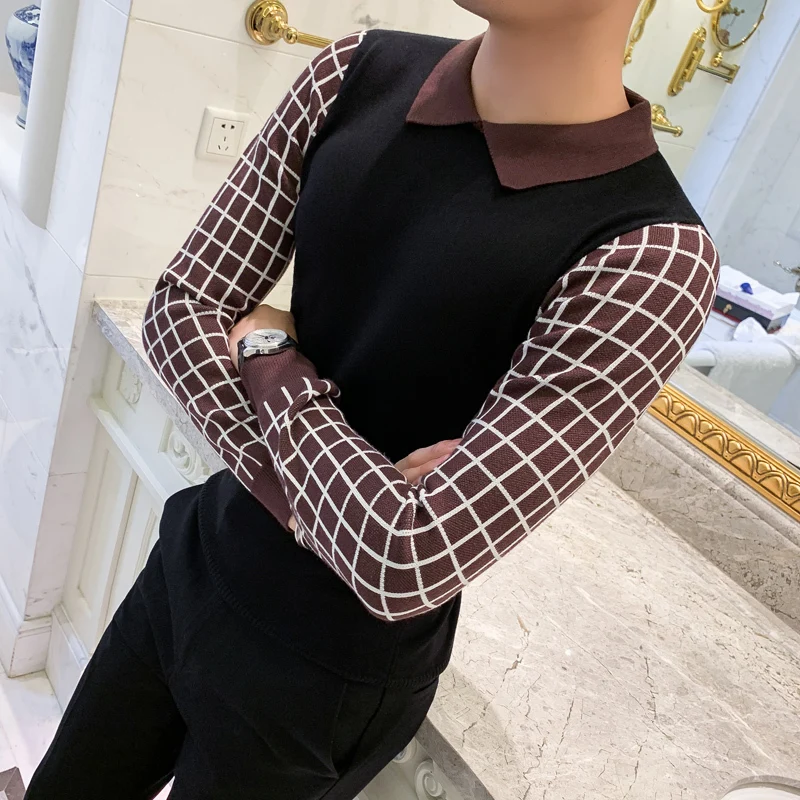Поддельные из двух частей мужские пуловеры британский стиль поло свинцовая визуализация вязание без подкладки верхняя одежда решетки самокультивирование - Цвет: Black Collage