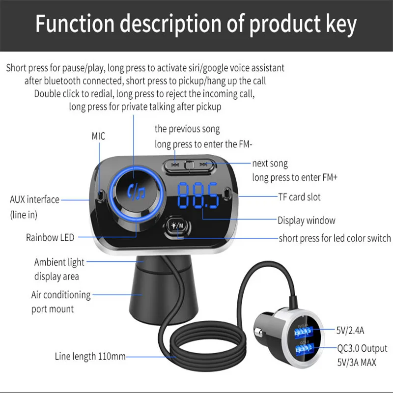 Автомобильный Bluetooth Handsfree MP3-плеер fm-передатчик светодиодный цифровой дисплей беспроводной автомобильный QC3.0 Быстрая зарядка автомобильные аксессуары интерьер