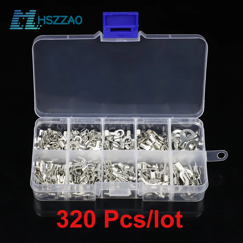 Kit surtido de terminales de latón tipo U 10 en 1, horquilla de anillo no aislada, 320 unids/caja, Conector de Cable, pala de crimpado