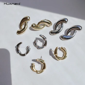 

HUANZHI 2020 New Retro Irregular C-shaped Metal Stud Earrings Geometric Distorted Gold Silver Color Earrings for Women Jewelry