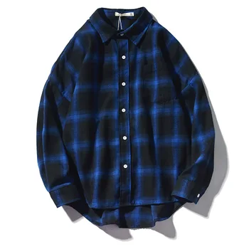 

Casual Plaid Shirt Men Japanese Streetwear Long Sleeve Turn Down Collar Blusa Masculina Plus Size S-5XL Camisas Hombre