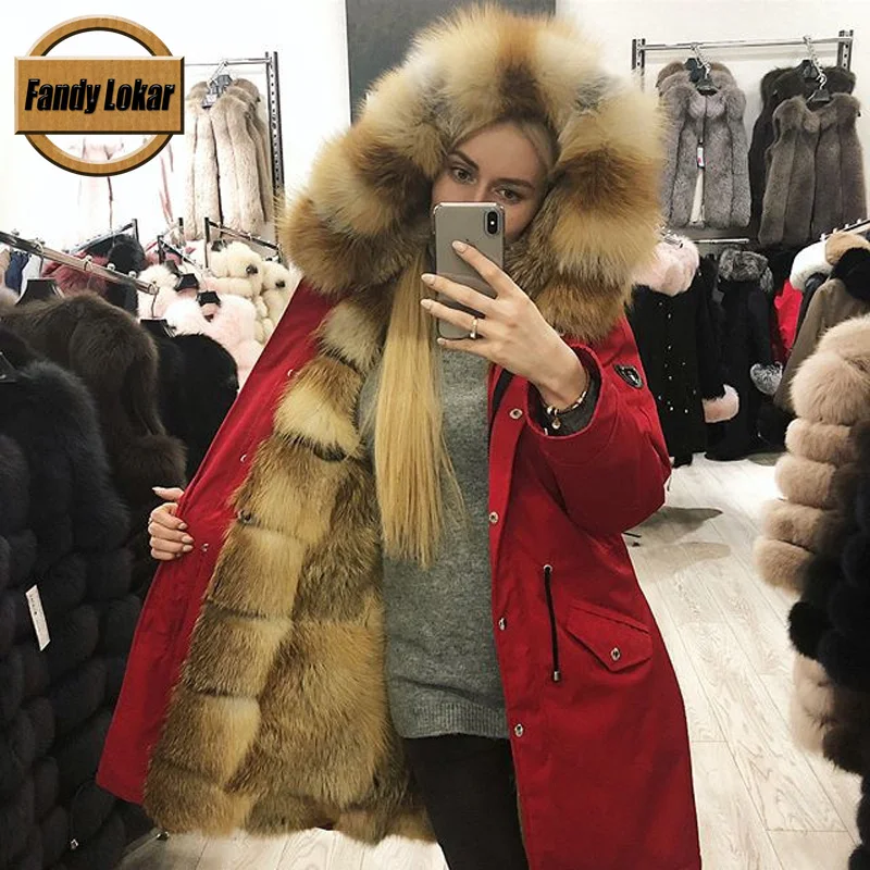 Парка fandy lokar женская зимняя с подкладкой из натурального меха лисы и кроличьим