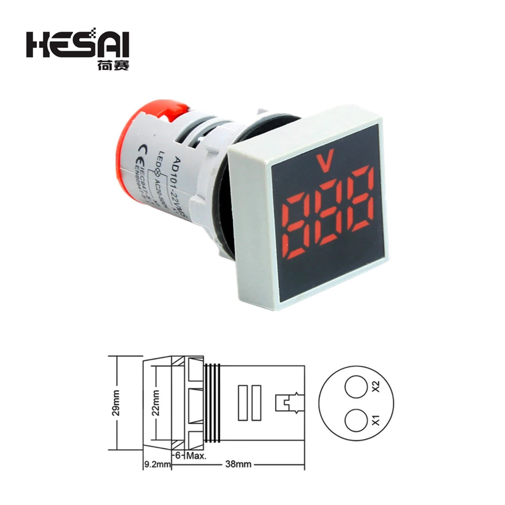 

22MM AC 12-500V Voltmeter Square Panel LED Digital Voltage Meter Indicator Light Red Digital