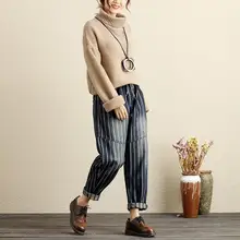 Женские винтажные синие мешковатые штаны-шаровары с эластичной талией в Корейском стиле, свободные полосатые отбеленные джинсы, повседневные штаны с карманами на шнуровке