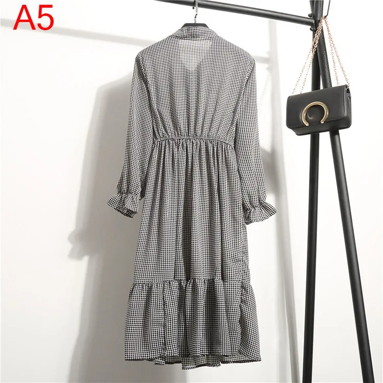 2020 Women Casual Spring Summer Dress Lady Korean Style Vintage Floral Printed Chiffon Shirt Dress Long Sleeve Bow Long Dress