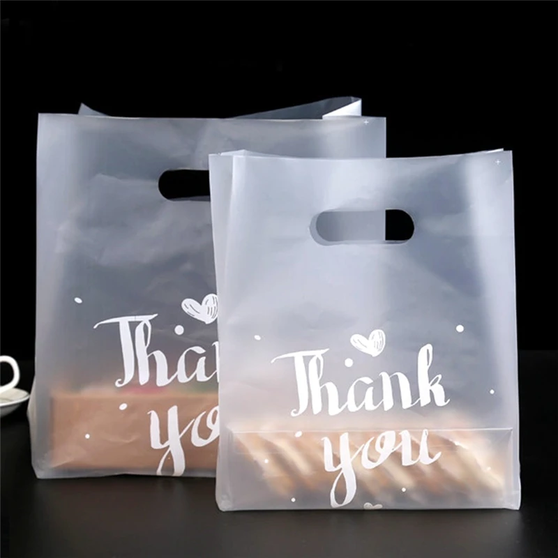 Bolsas de plástico para las compras con asas, bolso de recuerdo para Navidad, boda, dulces, tartas, regalo con frase Thank You, 50 uds.