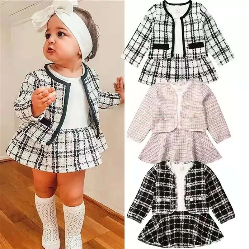 

2Pcs Autumn Winter Party Kids Clothes For Baby Girl Fashion Pageant Plaid Coat Tutu Dress Outfits Suit Toddler Girl Clothing Set